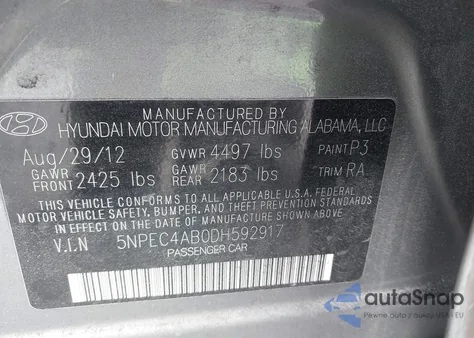 2013 Hyundai Sonata Limited 2.0T z USA, uszkodzony, nr VIN 5NPEC4AB0DH592917